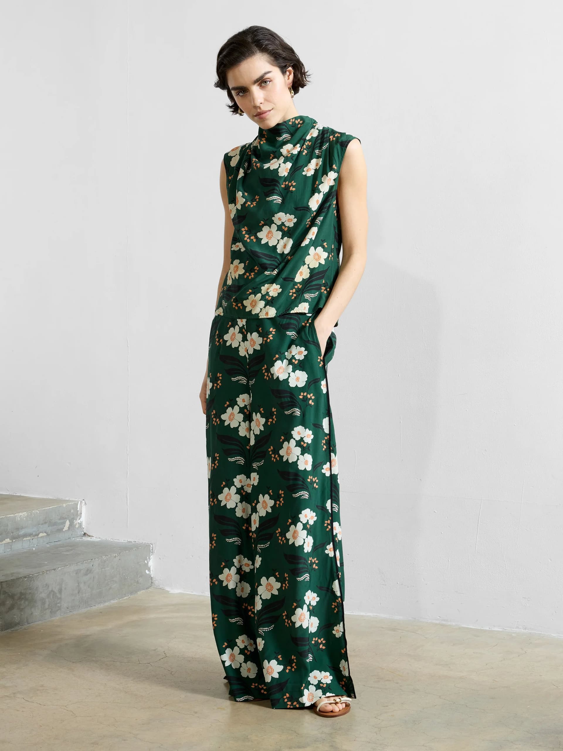 French Connection Rhian Eco Printed Wide Leg Trousers Jade Green Multi Floral Print