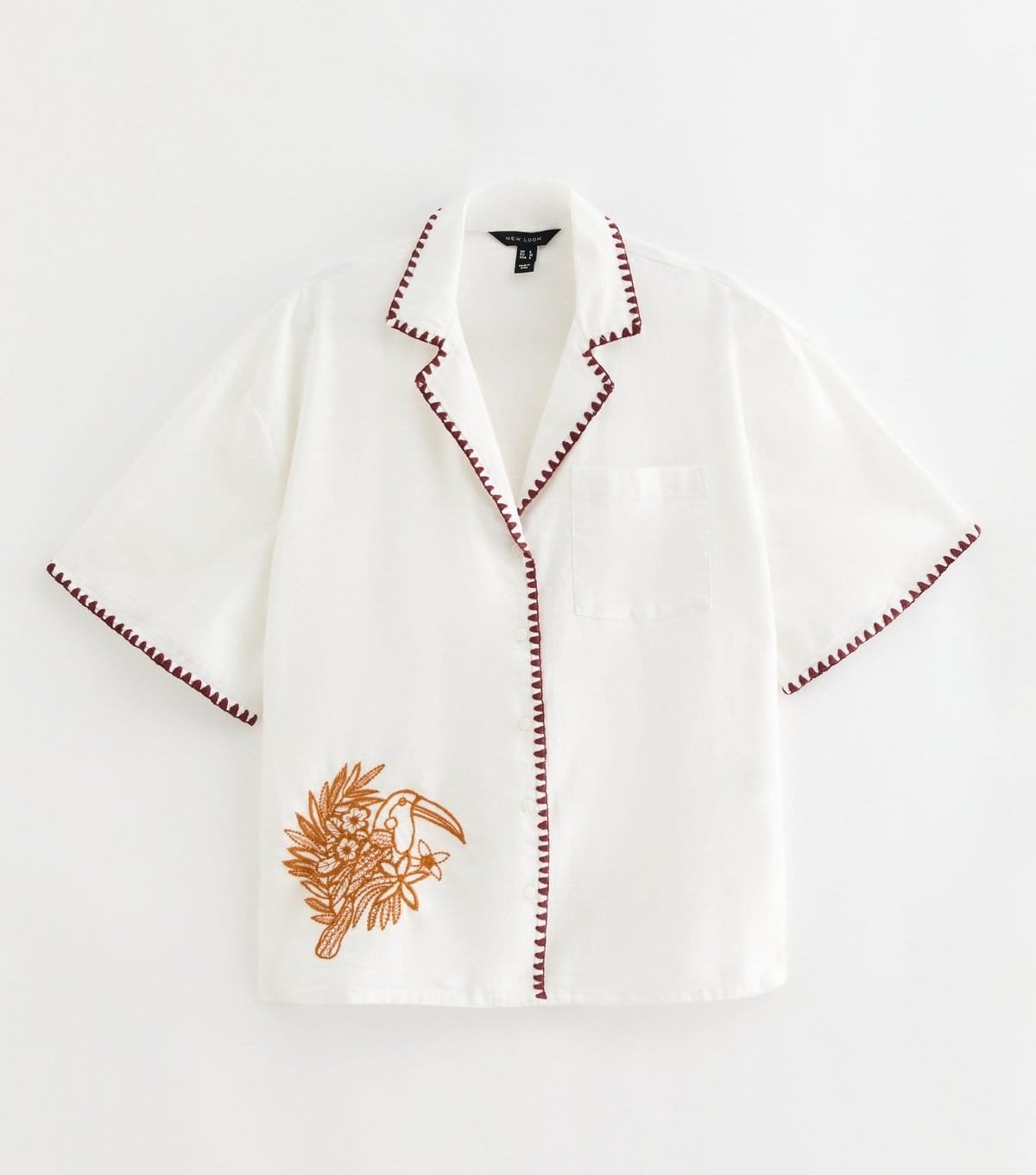 New Look White Cotton Embroidered Parrot Shirt