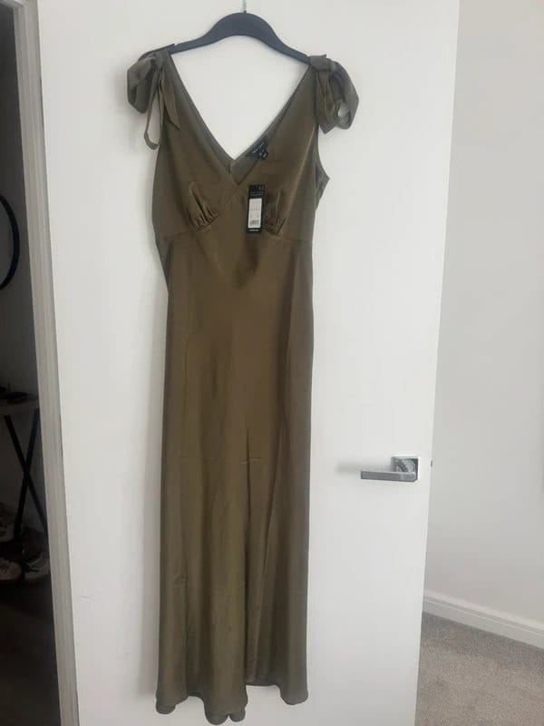 New Look Khaki Satin Midi Dress with Tie Shoulders