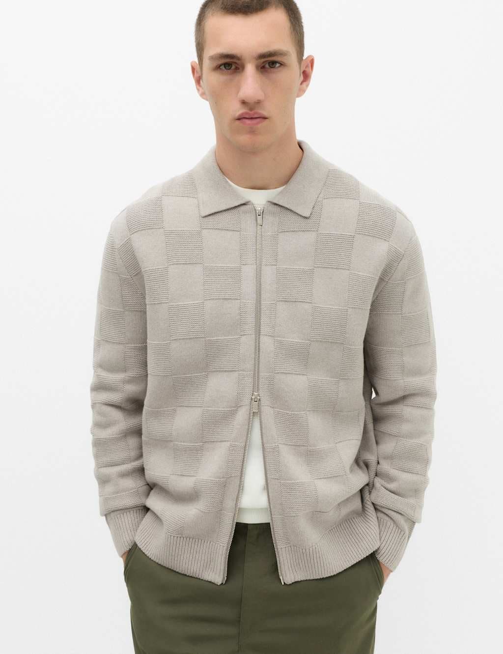 Marks & Spencer M&S Cotton Rich Checked Zip Up Knitted Jacket Pebble