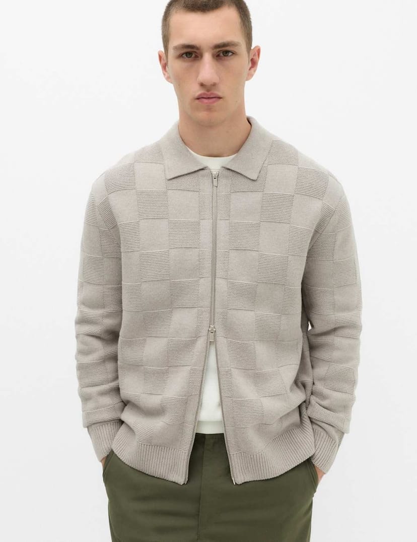 Marks & Spencer M&S Cotton Rich Checked Zip Up Knitted Jacket Pebble - 1