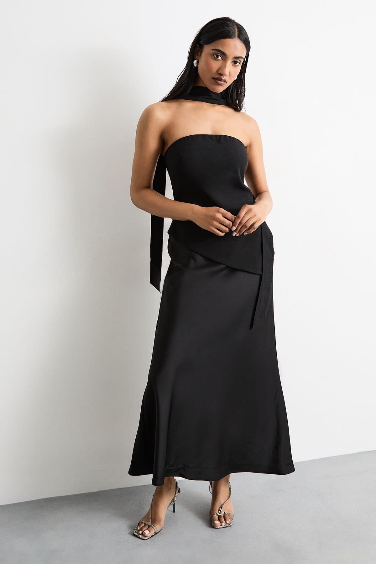 Warehouse Warehouse Black Satin Strapless Midi Dress