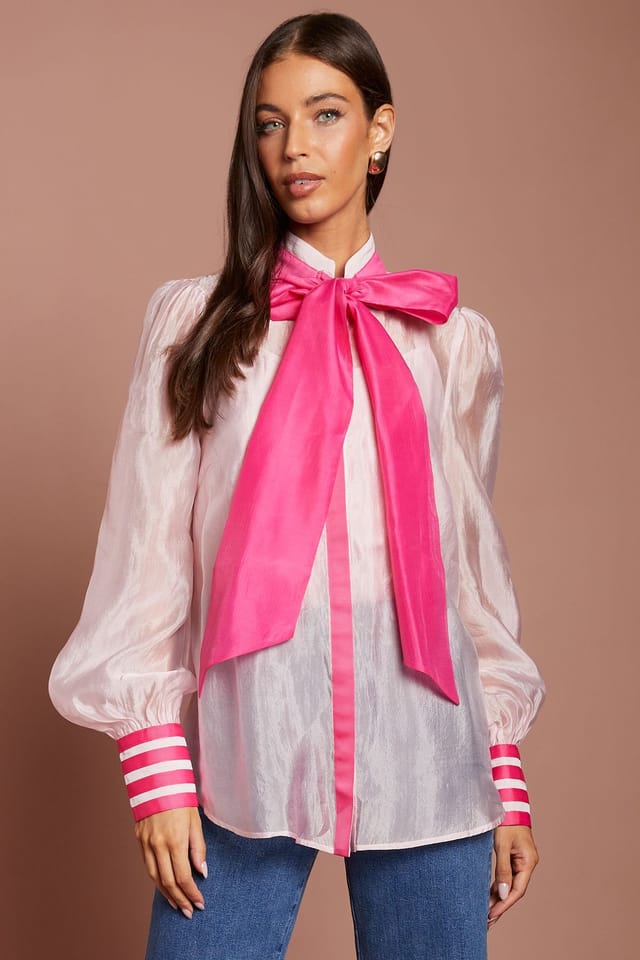 Coast Coast Women's Lisa Tan Pussybow Long Sleeve Organza Shirt in Pink - 2