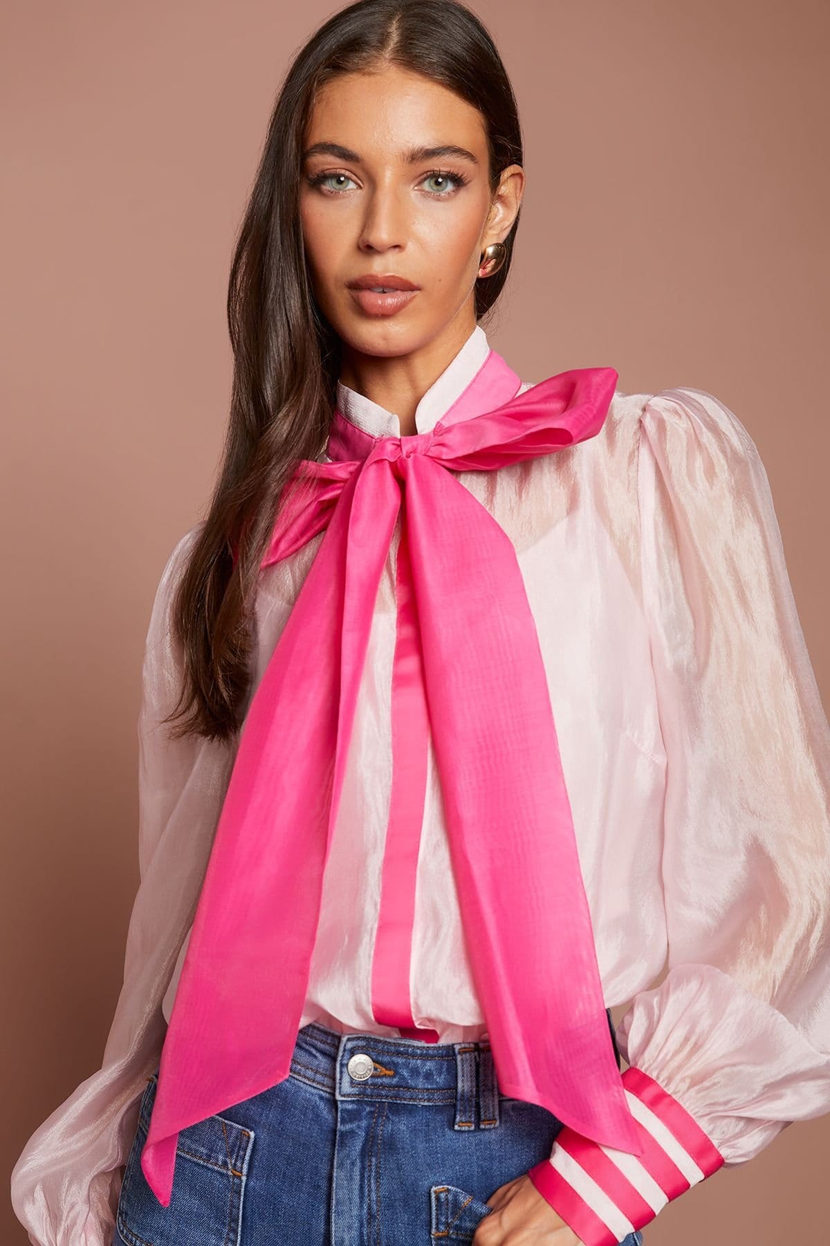 Coast Coast Women's Lisa Tan Pussybow Long Sleeve Organza Shirt in Pink - 4