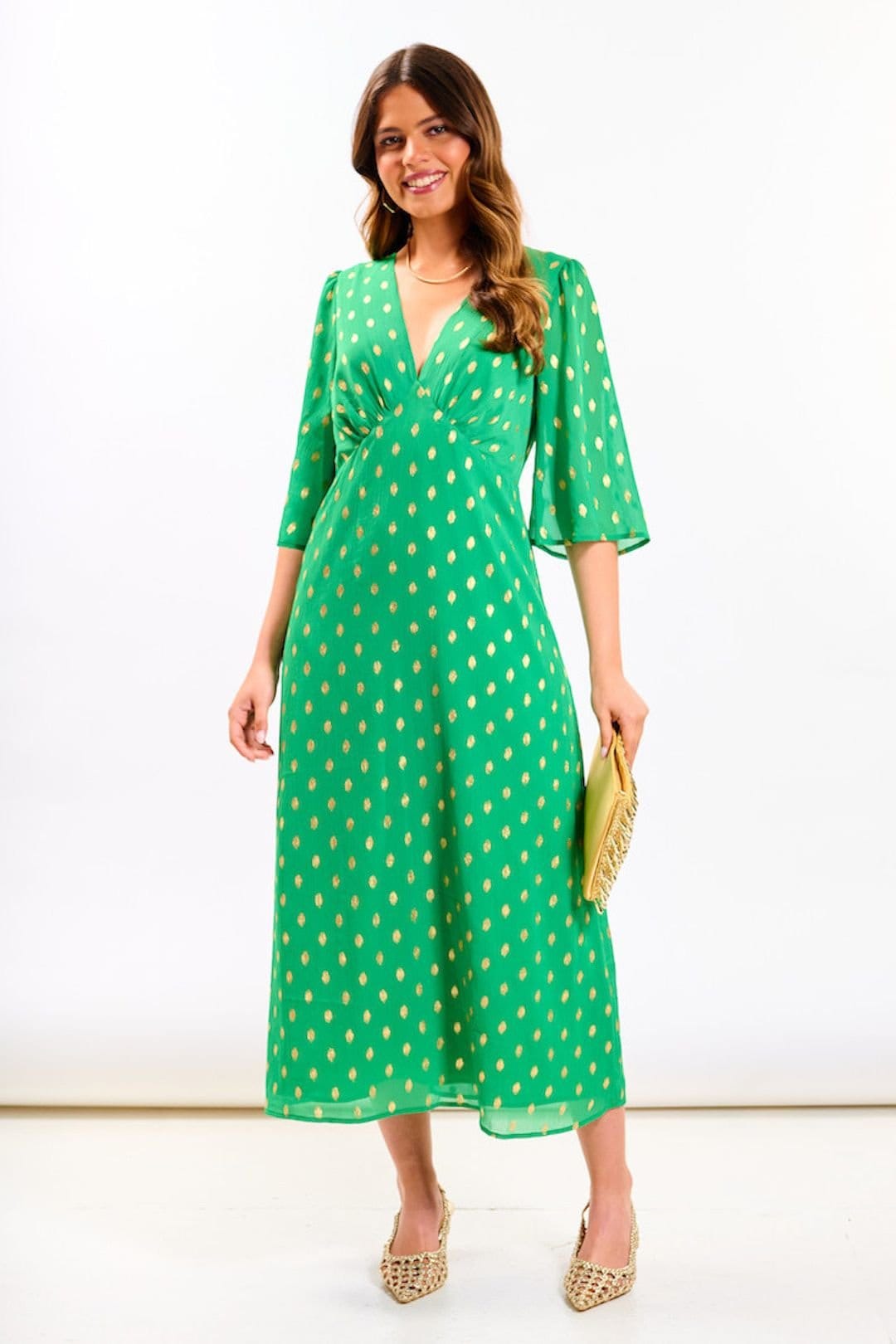 Needs No Label Needs No Label Women's Green Foil Chiffon Midi Dress - 1