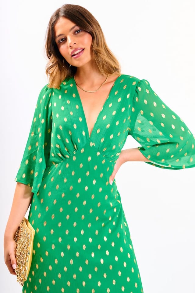Needs No Label Needs No Label Women's Green Foil Chiffon Midi Dress - 2