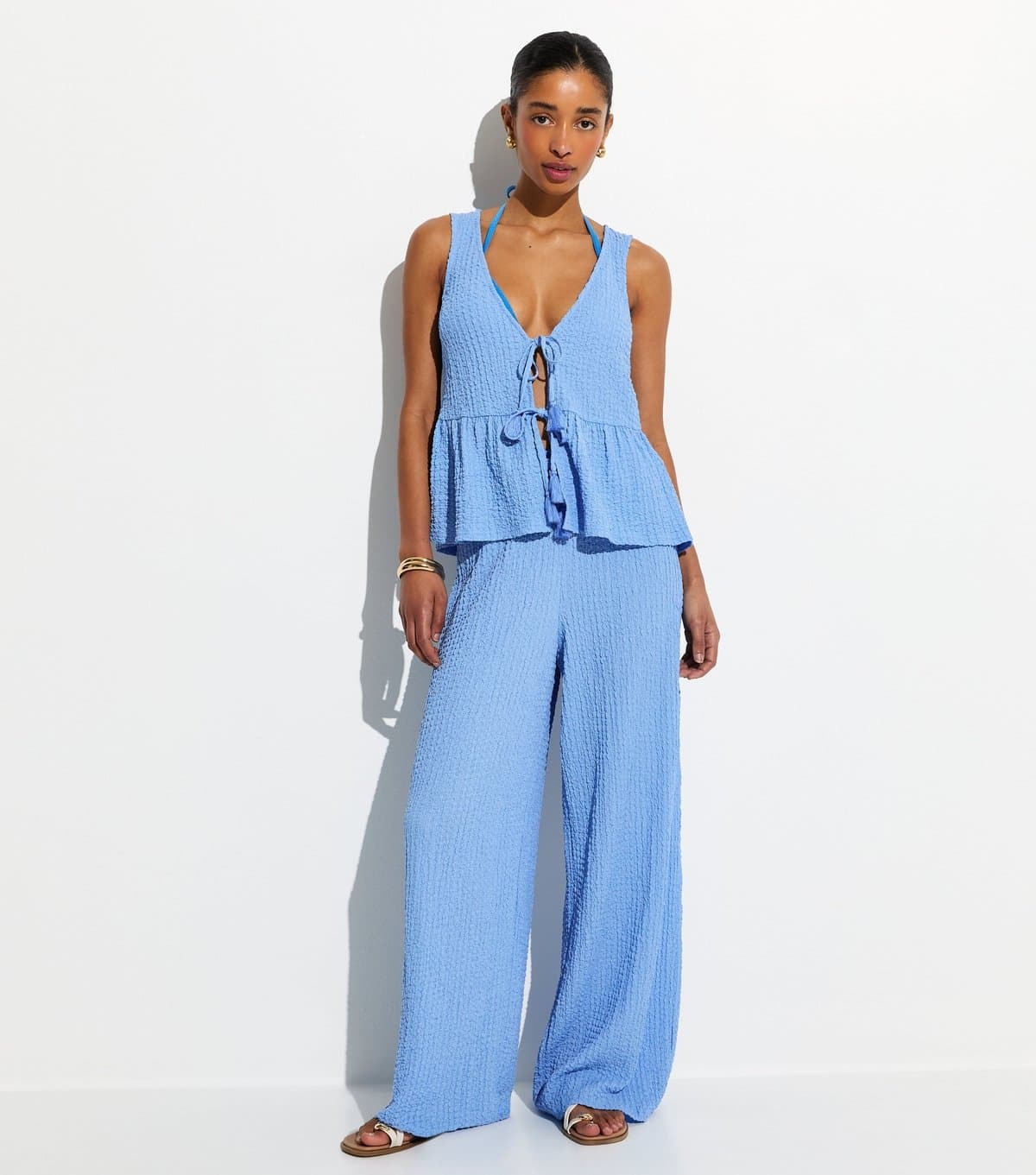 New Look Women's Light Blue Textured Jersey Beach Trouser New Look