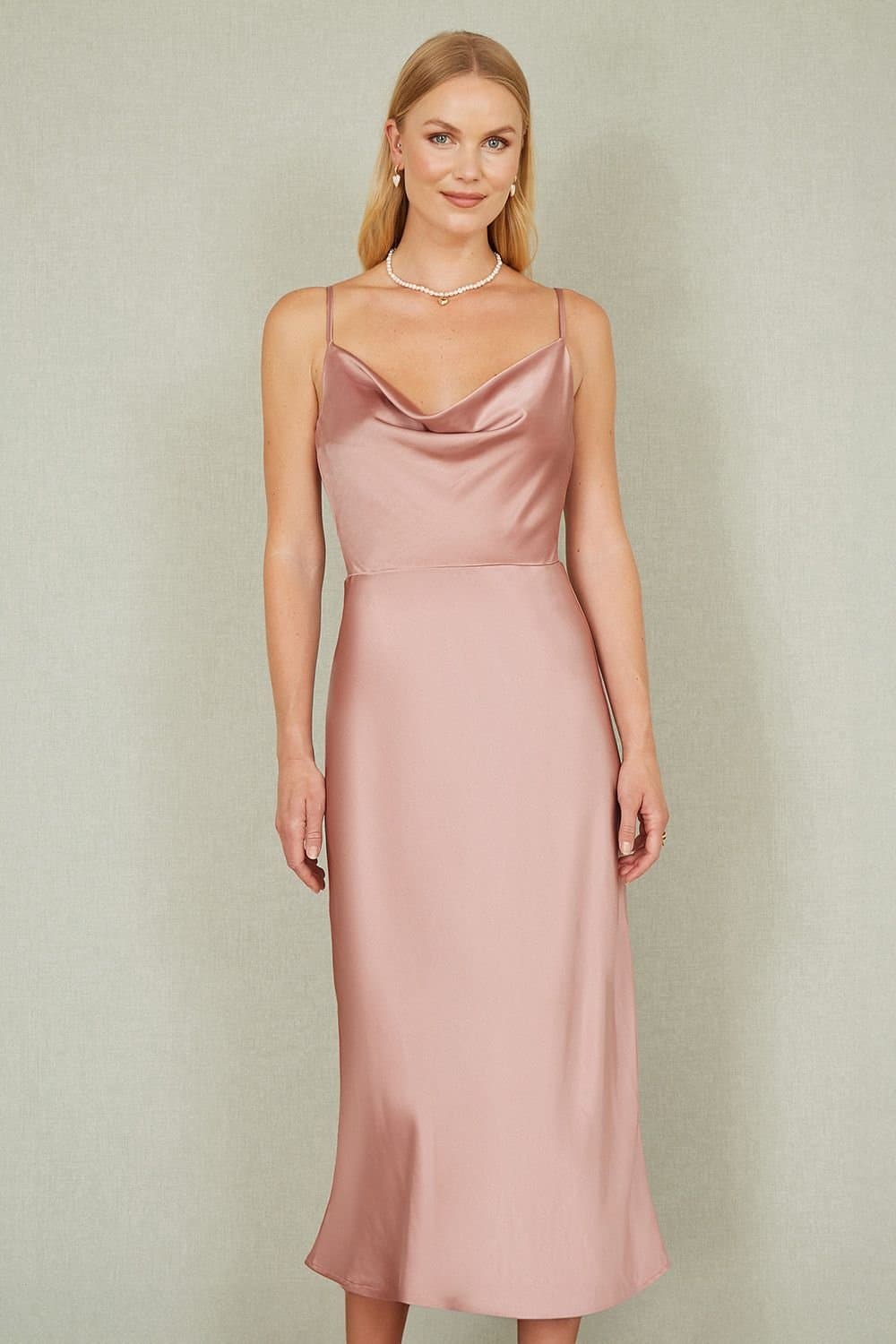 Yumi Yumi Women's Rose Pink Satin Cowl Neck Midi Dress in Light Pink