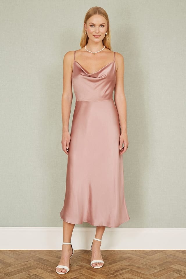 Yumi Yumi Women's Rose Pink Satin Cowl Neck Midi Dress in Light Pink - 2