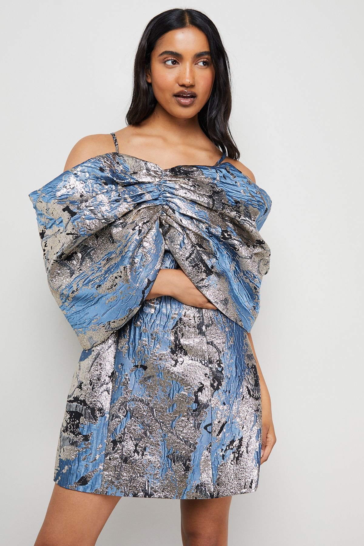 Warehouse Warehouse Women's Metallic Jacquard Dramatic Sleeves Mini Dress in Blue - 2