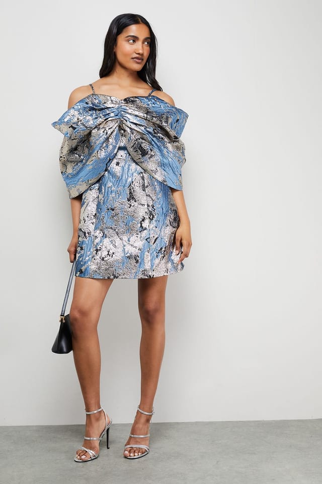 Warehouse Warehouse Women's Metallic Jacquard Dramatic Sleeves Mini Dress in Blue - 2