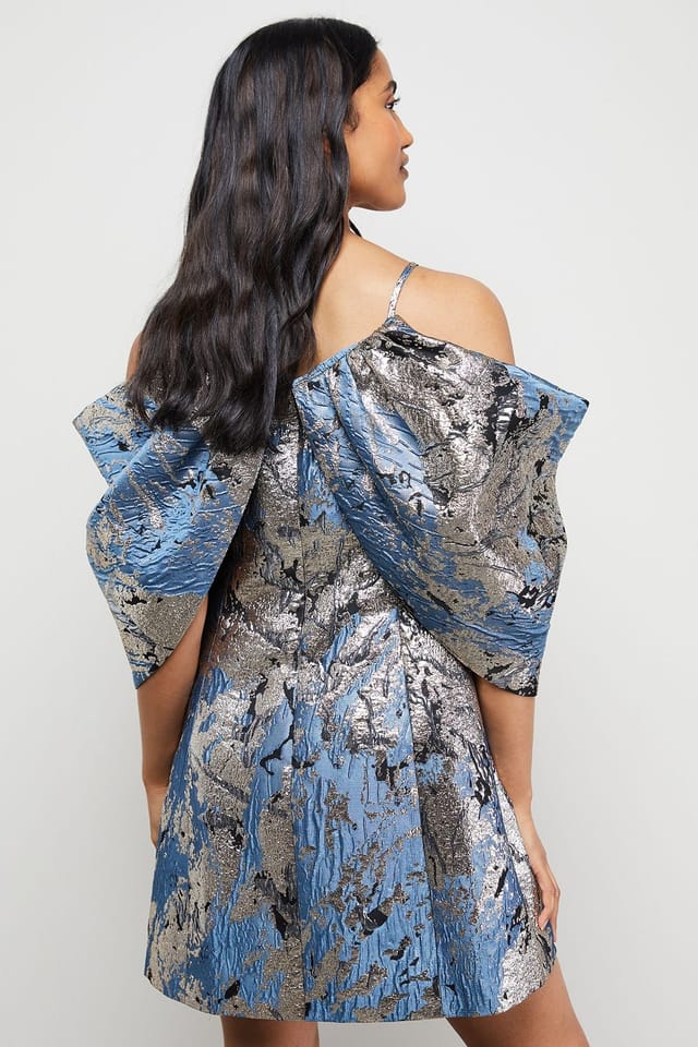 Warehouse Warehouse Women's Metallic Jacquard Dramatic Sleeves Mini Dress in Blue - 3