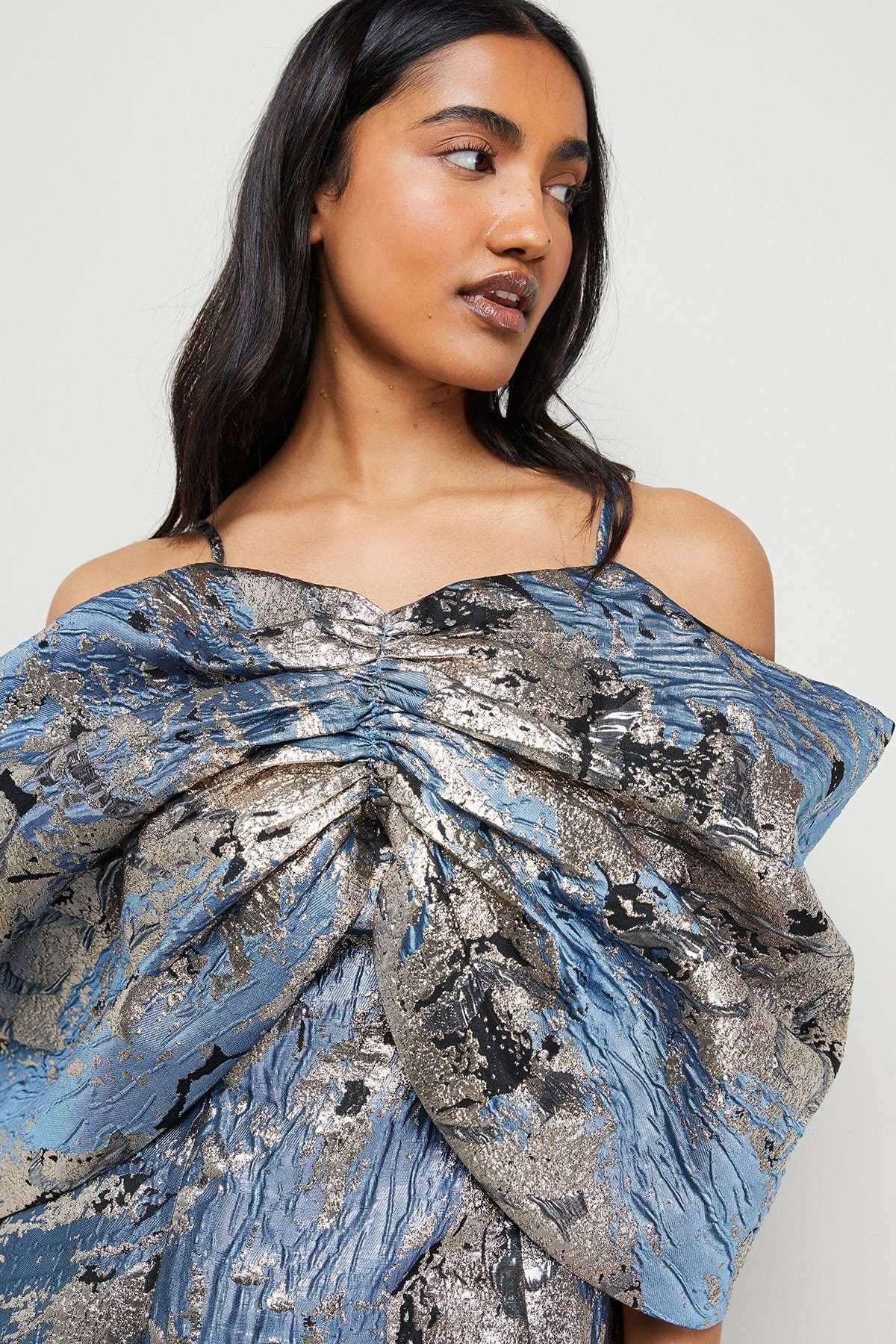 Warehouse Warehouse Women's Metallic Jacquard Dramatic Sleeves Mini Dress in Blue - 4