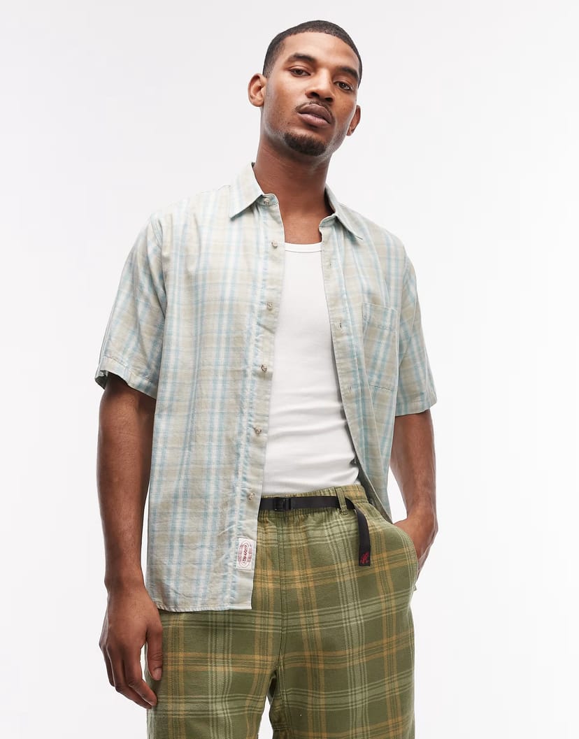 ASOS Gramicci checkered ombre short sleeve shirt in blue - 1