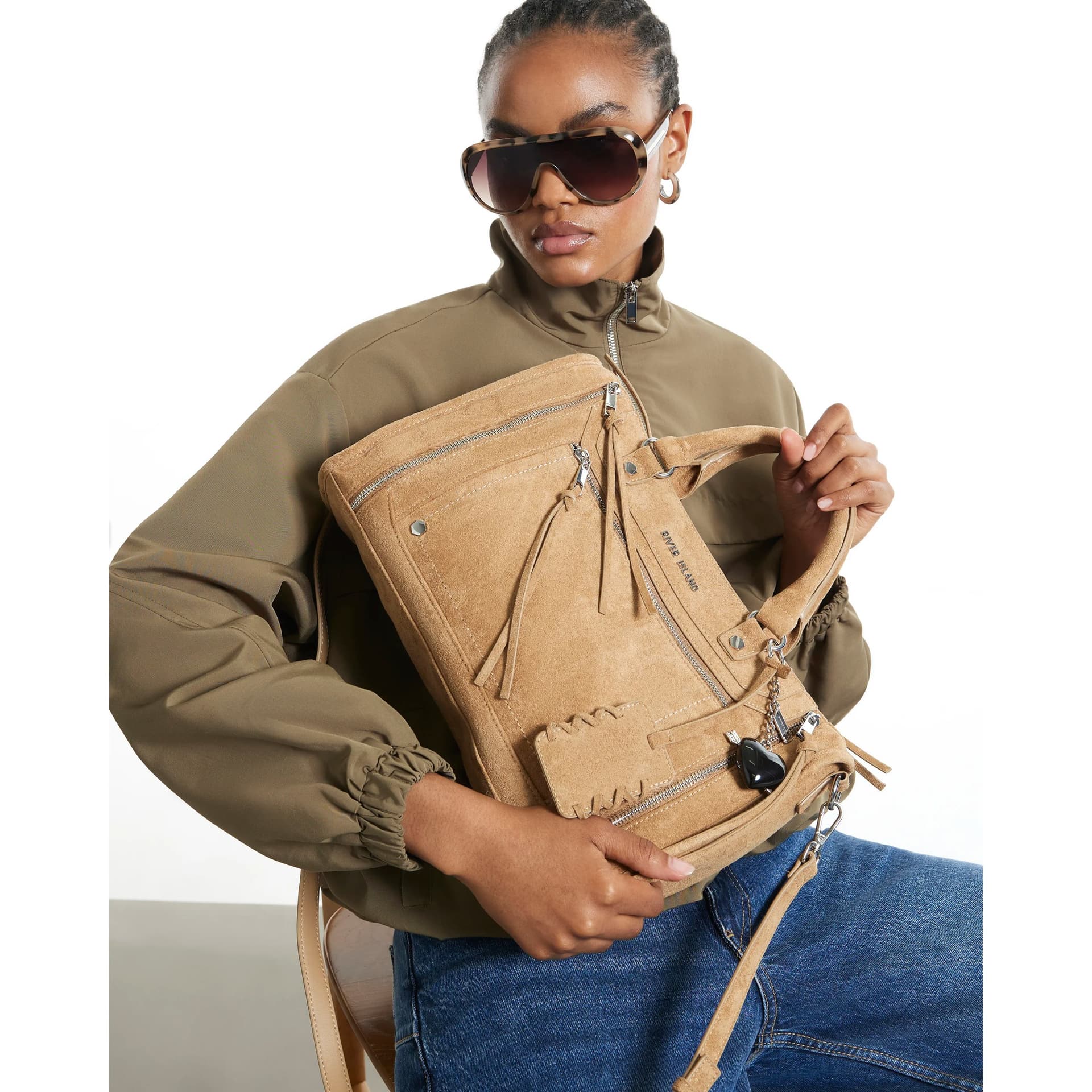 River Island River Island Womens Beige Faux Suede Zip Panel Tote Bag