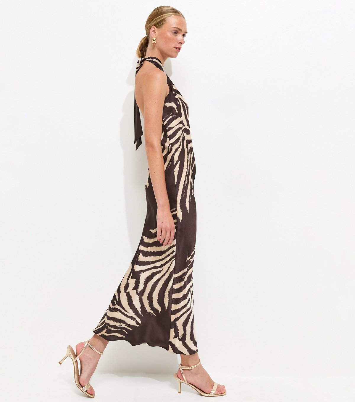 New Look Women's Brown Satin Zebra Print Halterneck Midi Dress New Look - 3