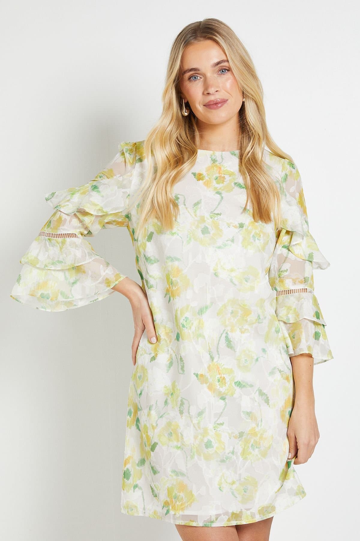 Wallis Wallis Women's Petite Floral Burn Out Ruffle Shift Dress in Ivory