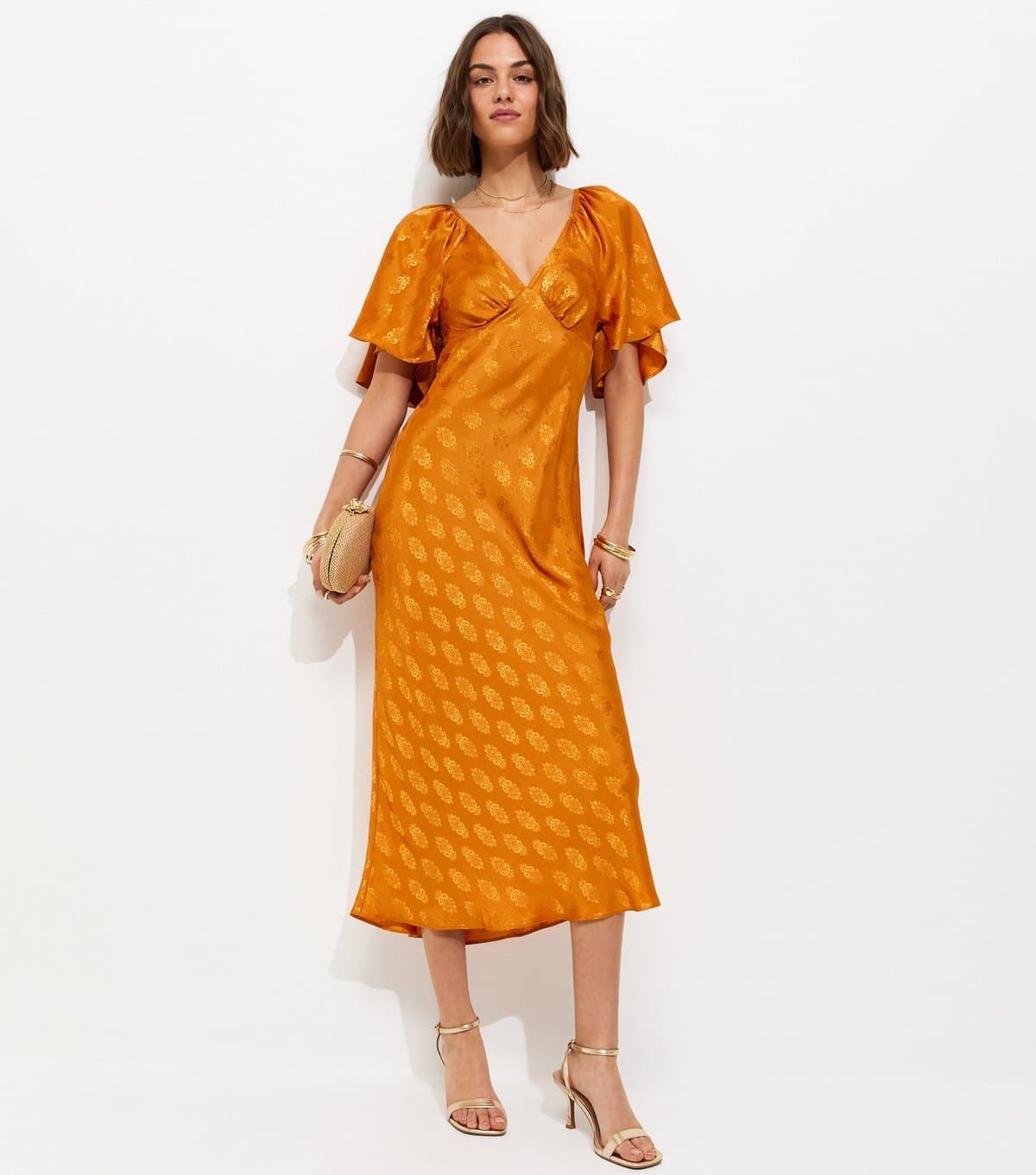 New Look Women's Dark Yellow Paisley Pattern Jacquard Flutter Sleeve Midi Dress New Look