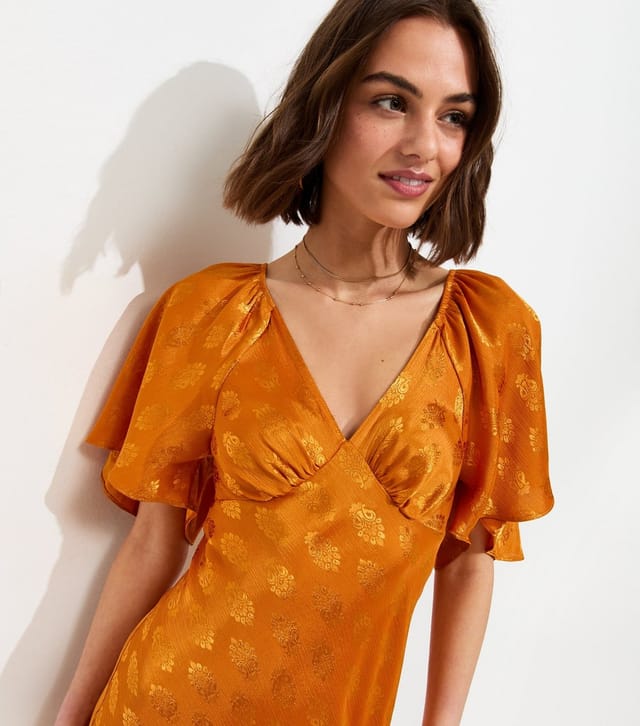 New Look Women's Dark Yellow Paisley Pattern Jacquard Flutter Sleeve Midi Dress New Look - 2