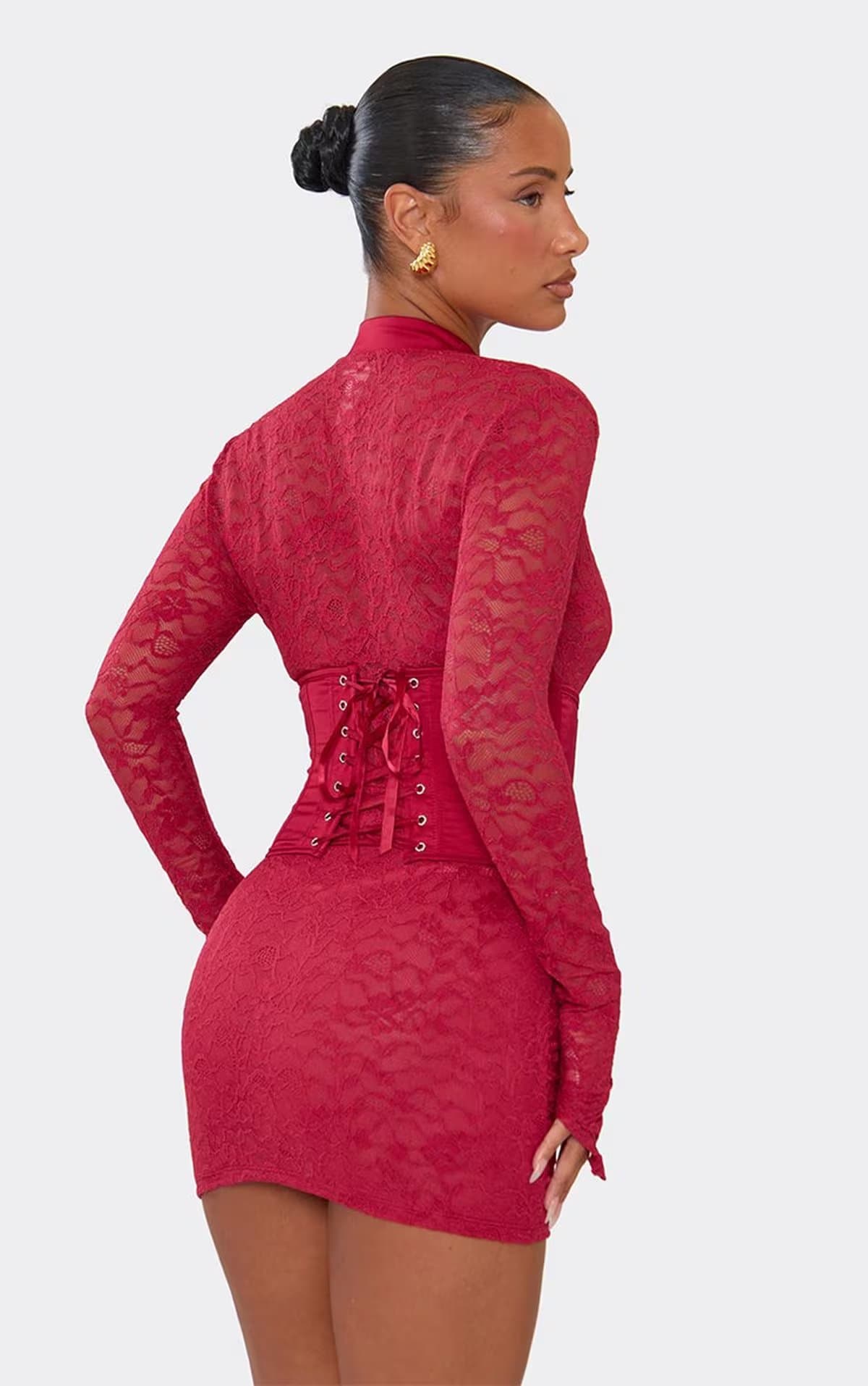 EGO Long Sleeve Keyhole Cut Out Corset Detail Mini Dress In Red Lace., Women's Size UK 6
