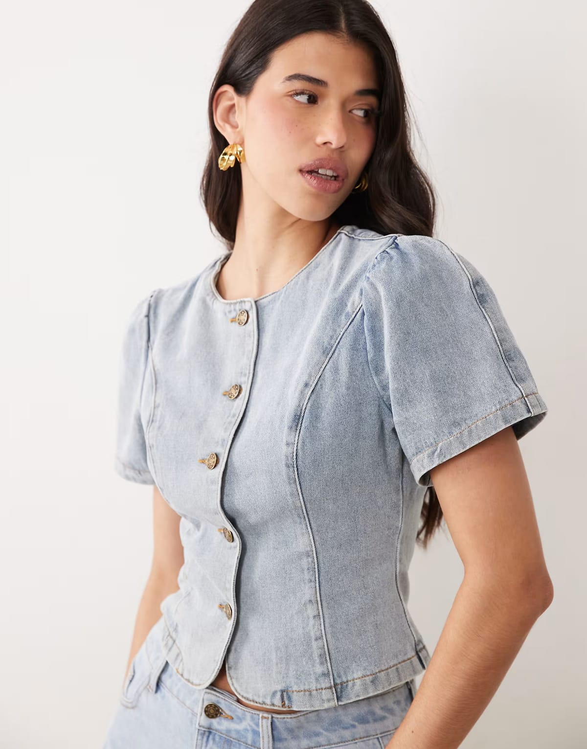 ASOS Lioness Femme cotton rich puff sleeve button up blouse in light wash denim - 1