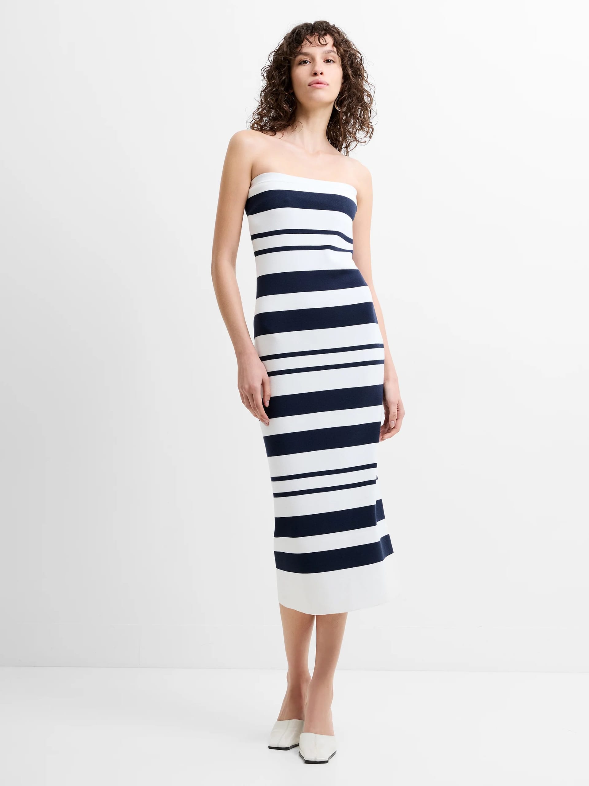 French Connection White/Navy Striped Bandeau Midi Dress