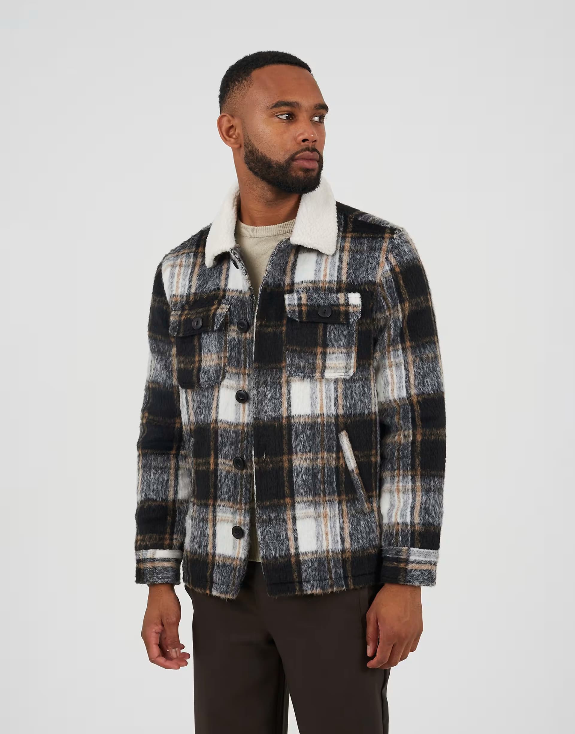 ASOS Brave Soul Brushed check jacket with sherpa collar in black