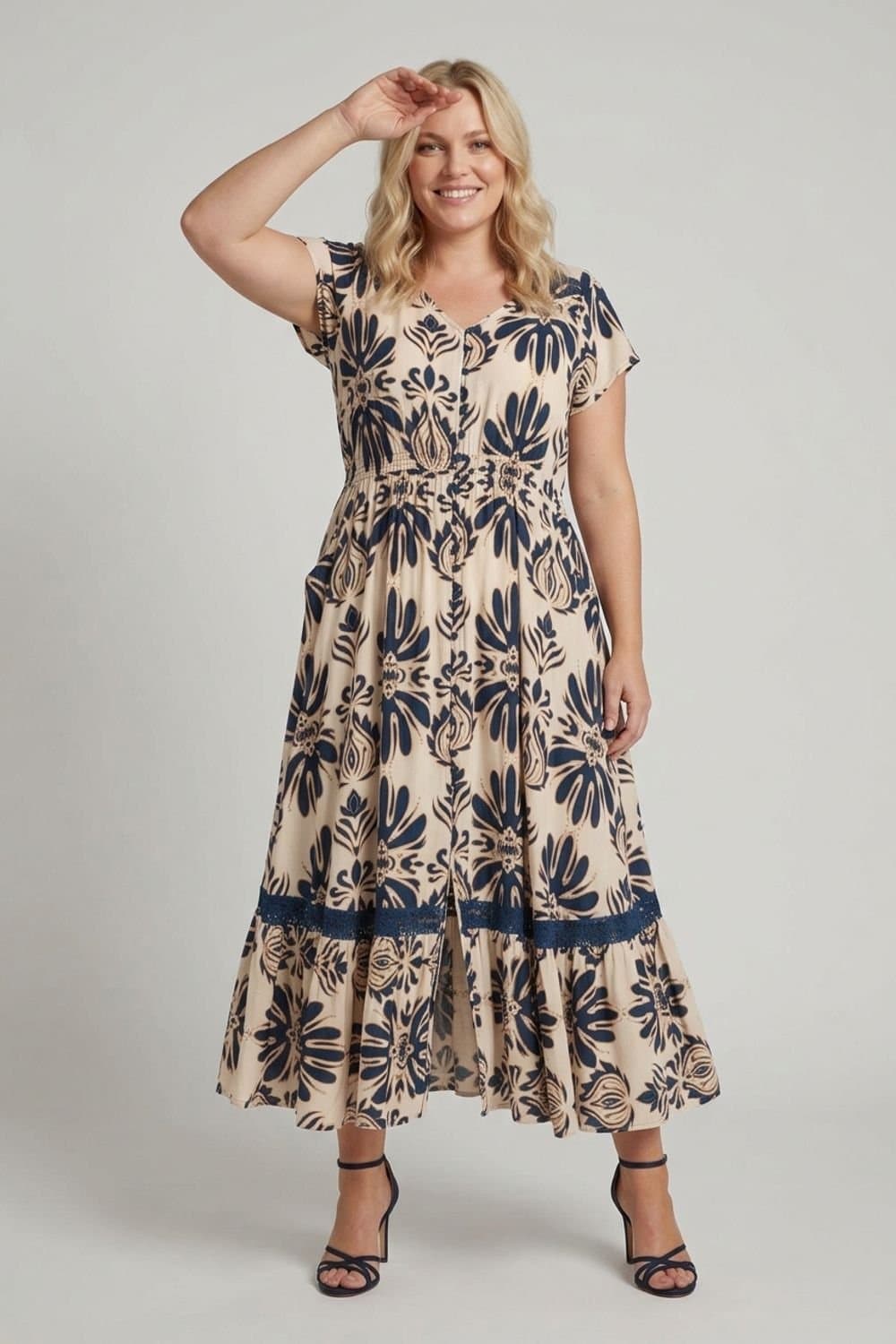 Izabel London Izabel London Women's Curve Printed Lace Cap Sleeve Maxi Dress in Beige