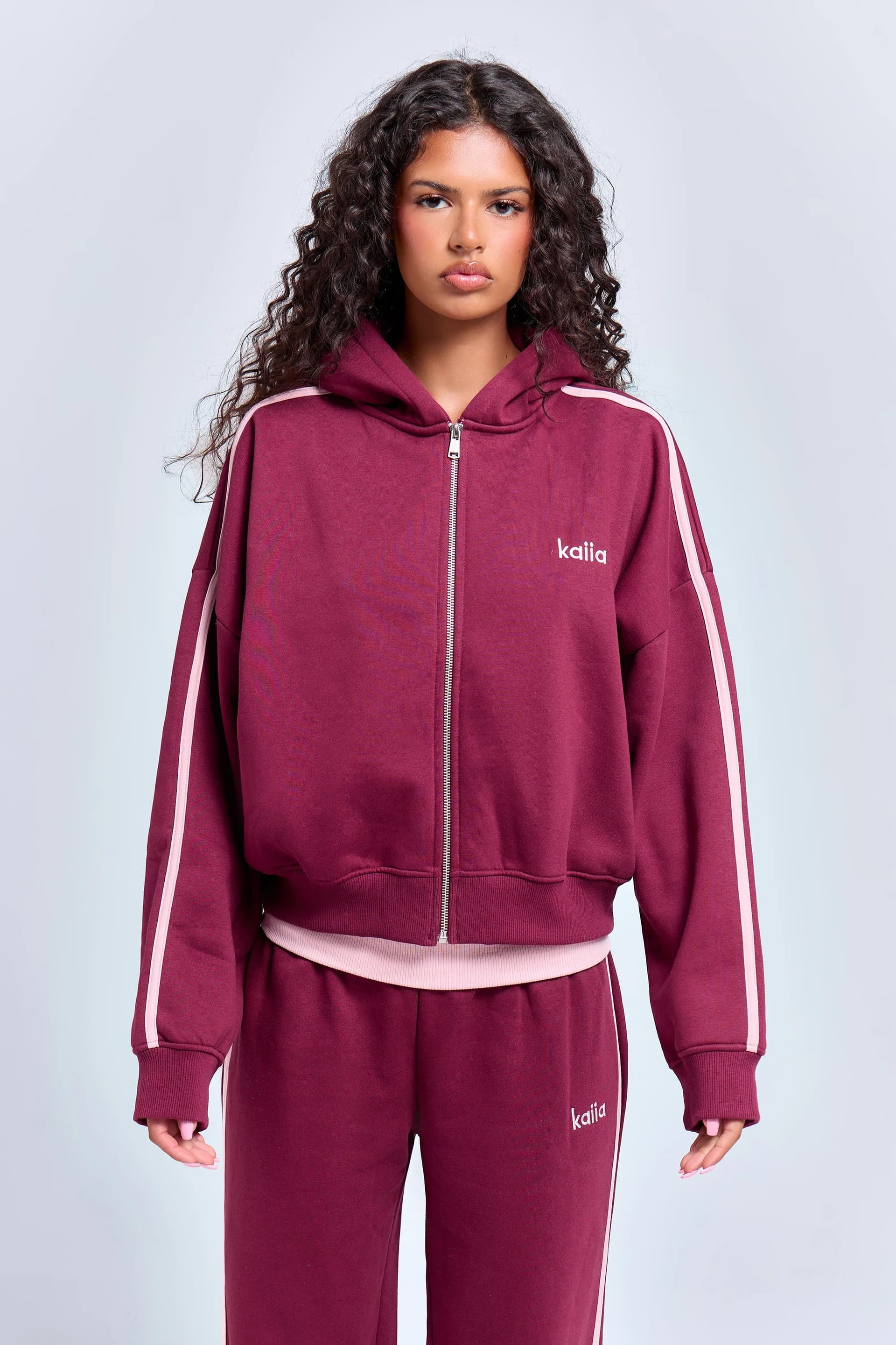 Kaiia Kaiia Sport Side Stripe Oversized Zip Through Hoodie Burgundy & Pink Chai