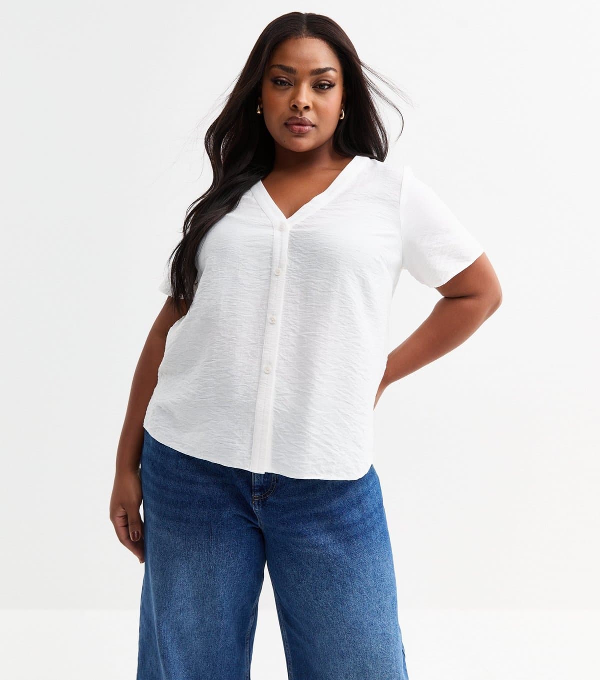 New Look New Look White Plus Size V-Neck Button-Up Top