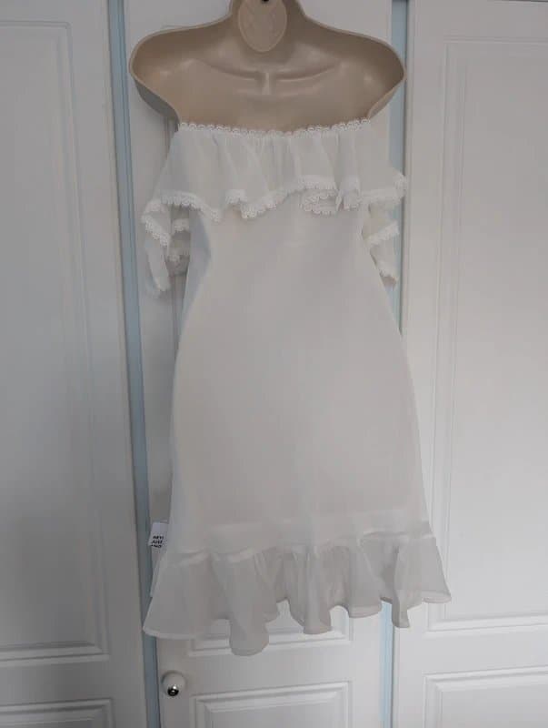 ASOS ASOS Design Bardot frill mini dress with lace insert in white size 12