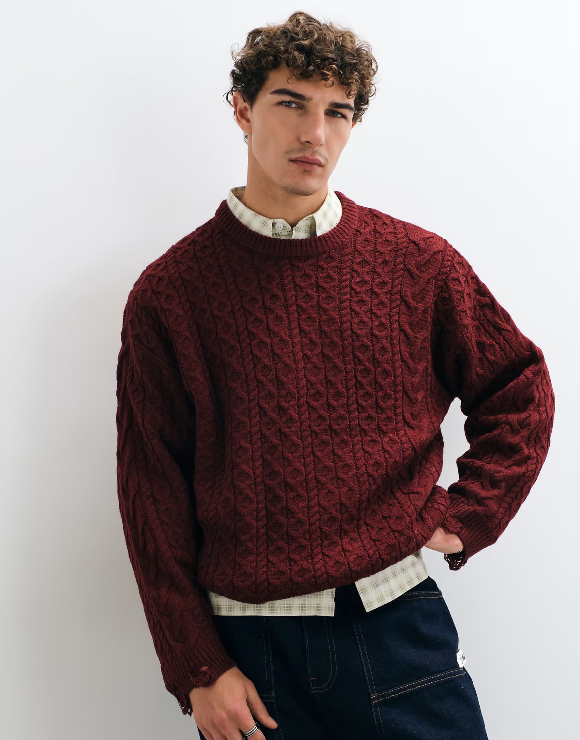 ASOS COLLUSION distressed cable knit crew neck jumper in burgundy