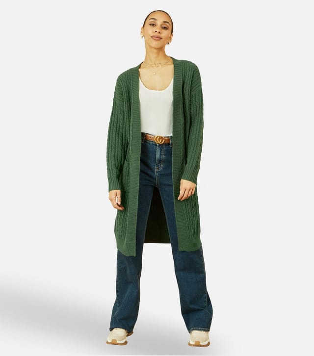 Yumi Women's Green Cable Knit Longline Cardigan Yumi New Look - 2