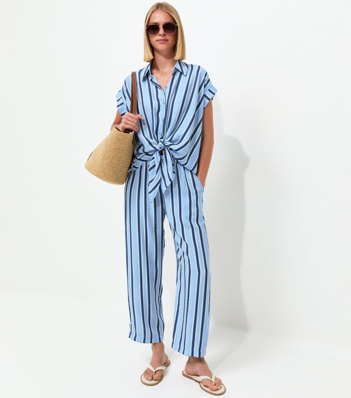 New Look Women's Blue Striped Tapered Trousers New Look