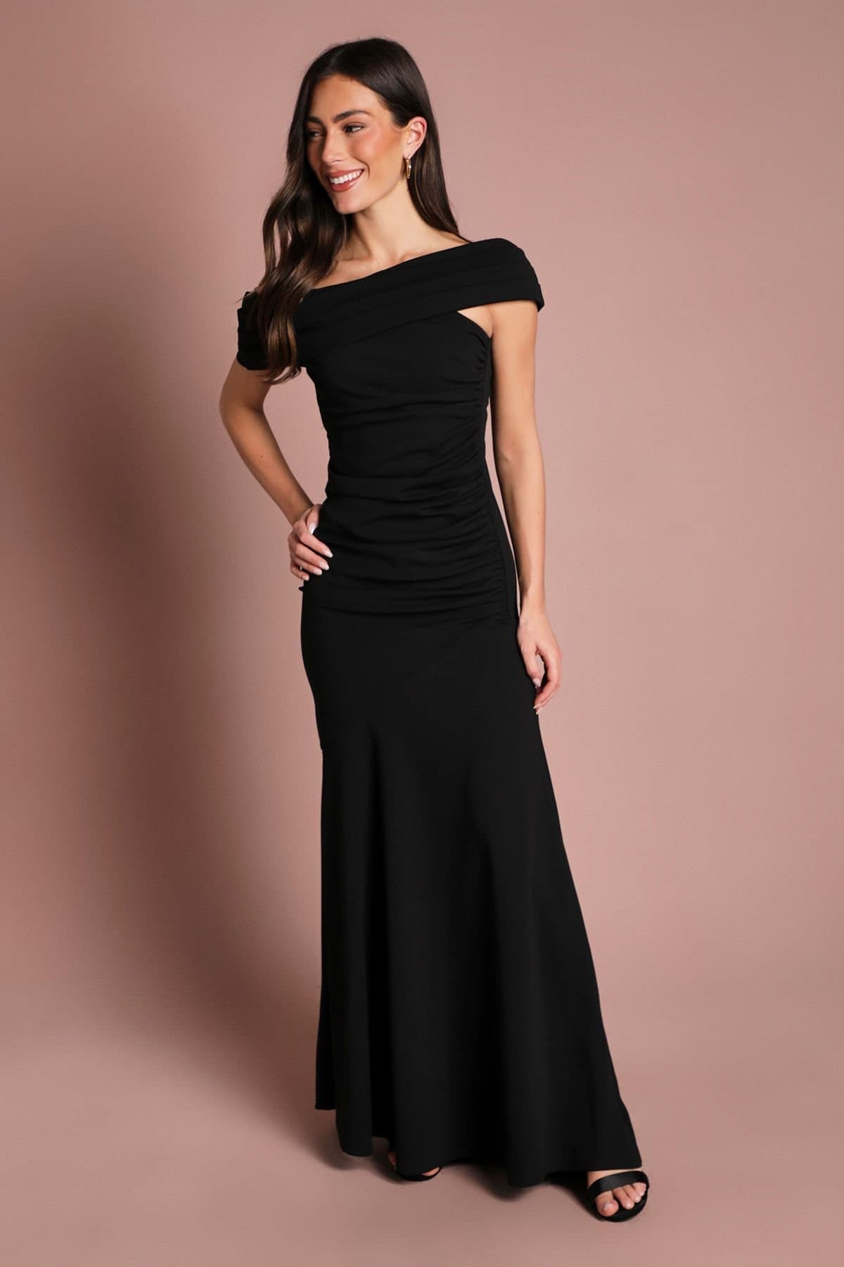 Coast Coast Women's Pleated One Shoulder Bardot Fit & Flare Maxi Dress in Black