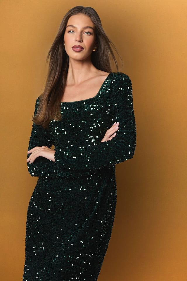 Coast Coast Women's Sequin Party Long Sleeve Midi Dress With Feather Hem in Emerald - 2