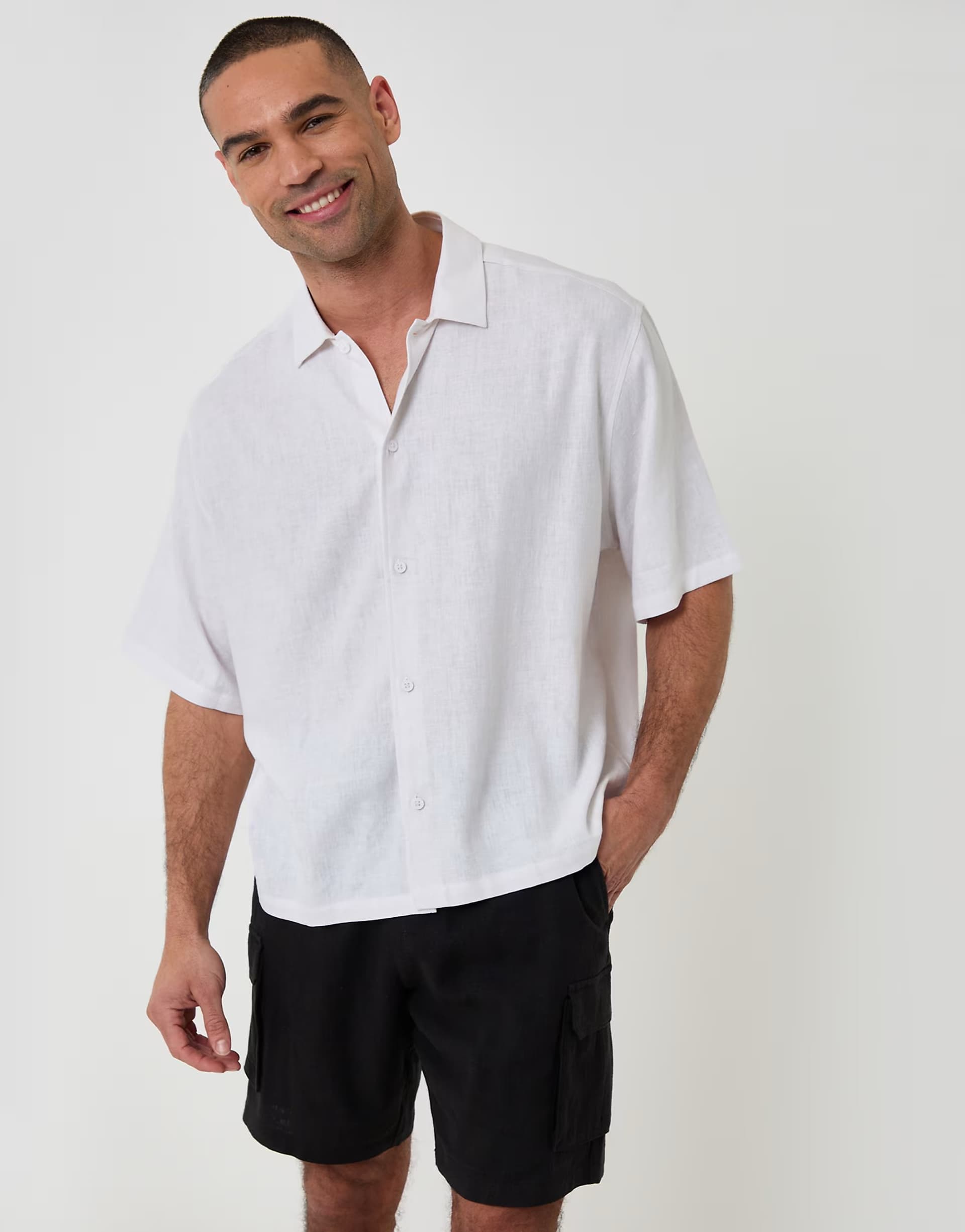 ASOS Threadbare Boxy fit linen blend short sleeve shirt in white