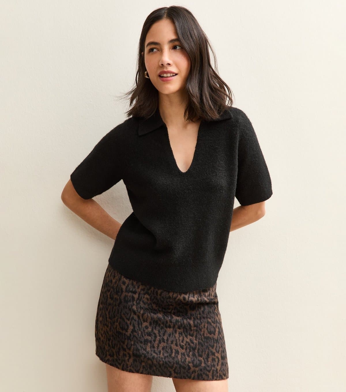 New Look New Look Black Open Collar Knit Top