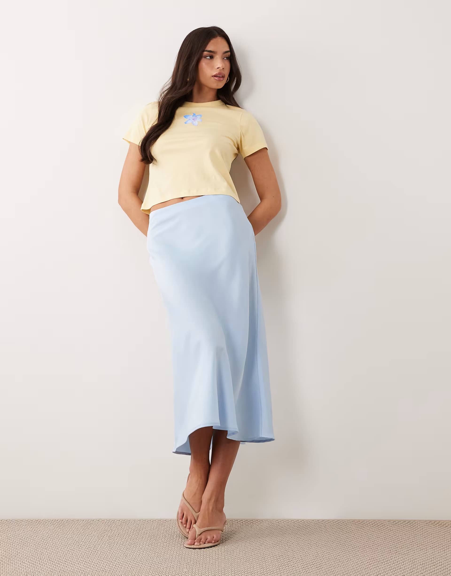 ASOS YAS satin midi skirt in light blue