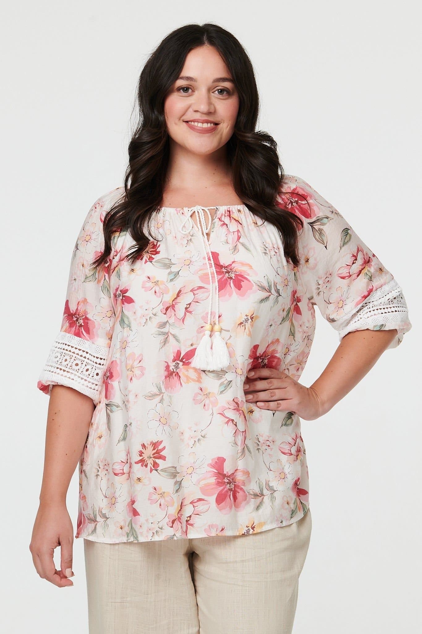 Izabel London Izabel London Pink Floral Lace Bardot Neck Blouse