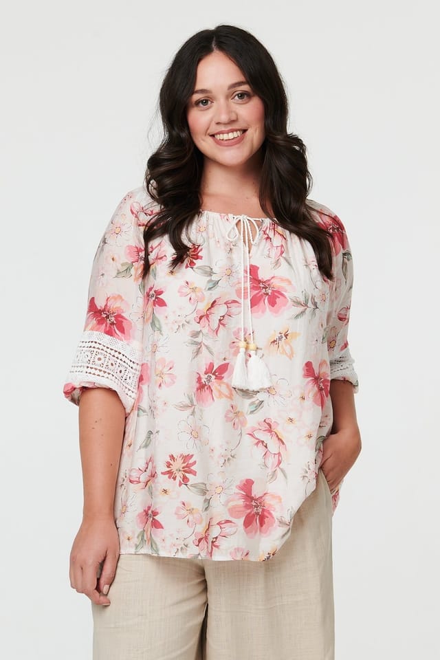 Izabel London Izabel London Women's Curve Floral Lace Bardot Neck Blouse in Pink - 2