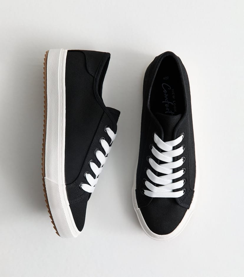 New Look Women's Black Canvas Lace Up Trainers Vegan New Look - 1