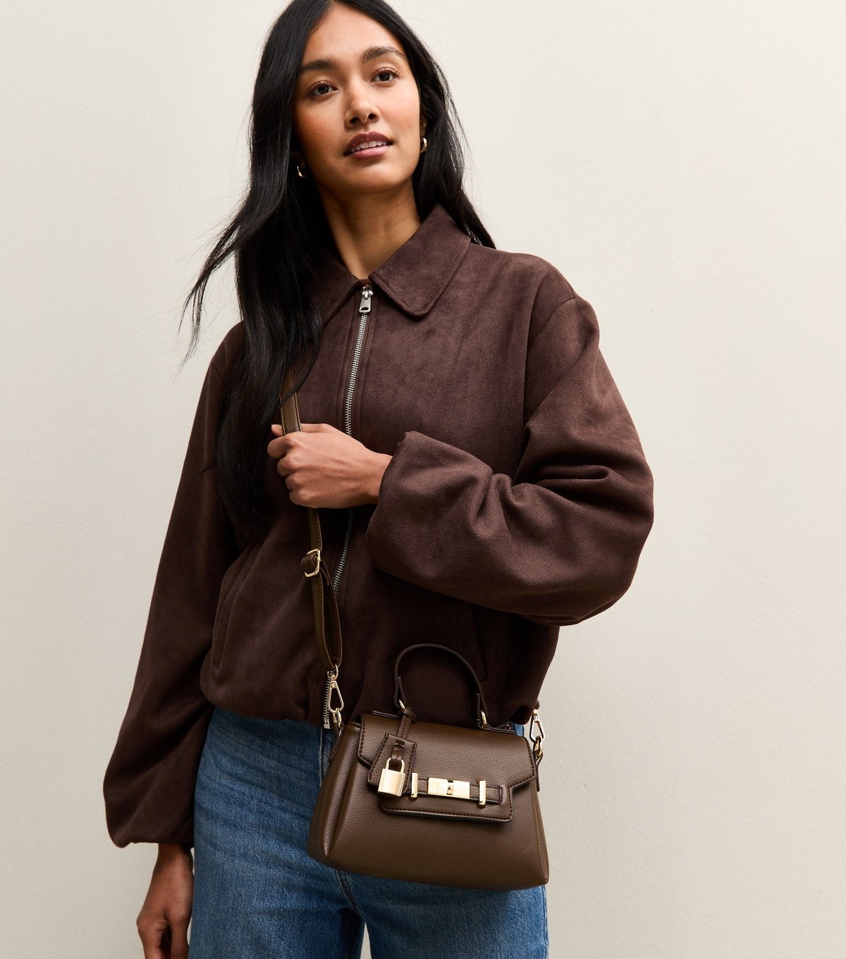 New Look Dark Brown Mini Faux Leather Turn Lock Crossbody Bag Vegan New Look - 2