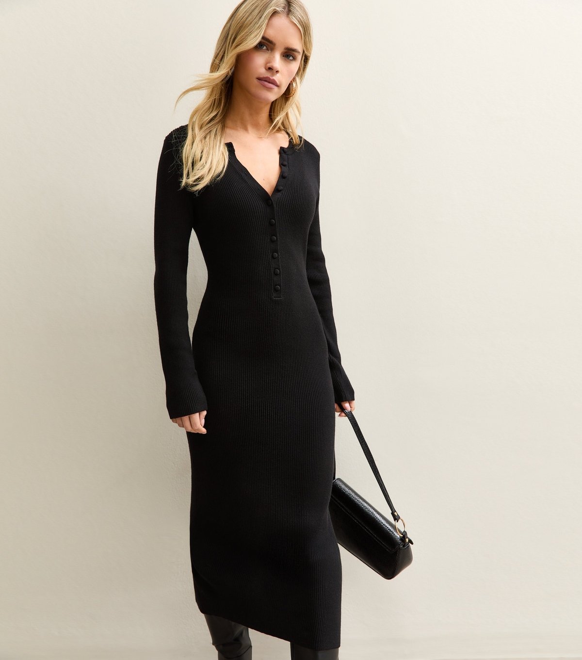 New Look Women's Petite Black Ribbed Henley Midi Dress New Look - 3