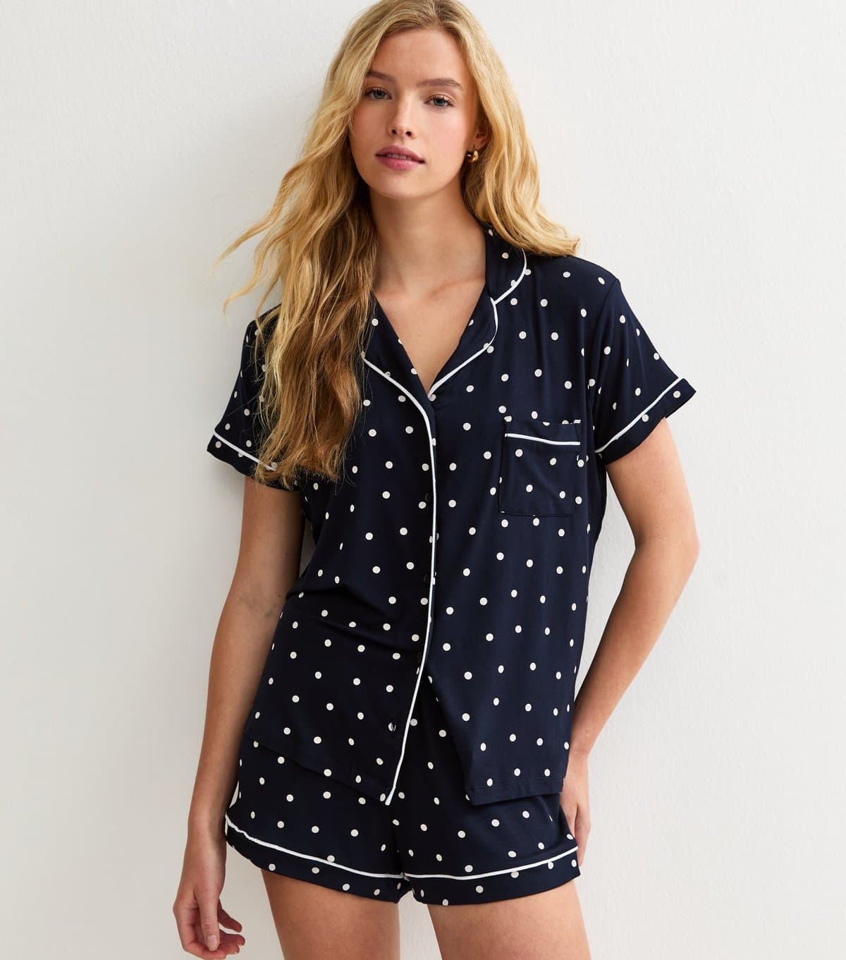 New Look Women's Navy Jersey Polka Dot Shirt and Shorts Pyjama Set New Look