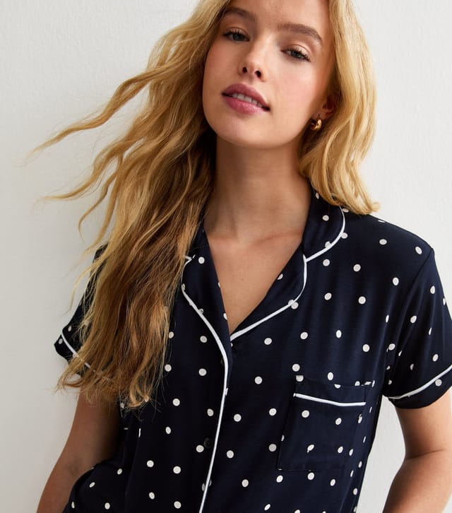 New Look Women's Navy Jersey Polka Dot Shirt and Shorts Pyjama Set New Look - 2