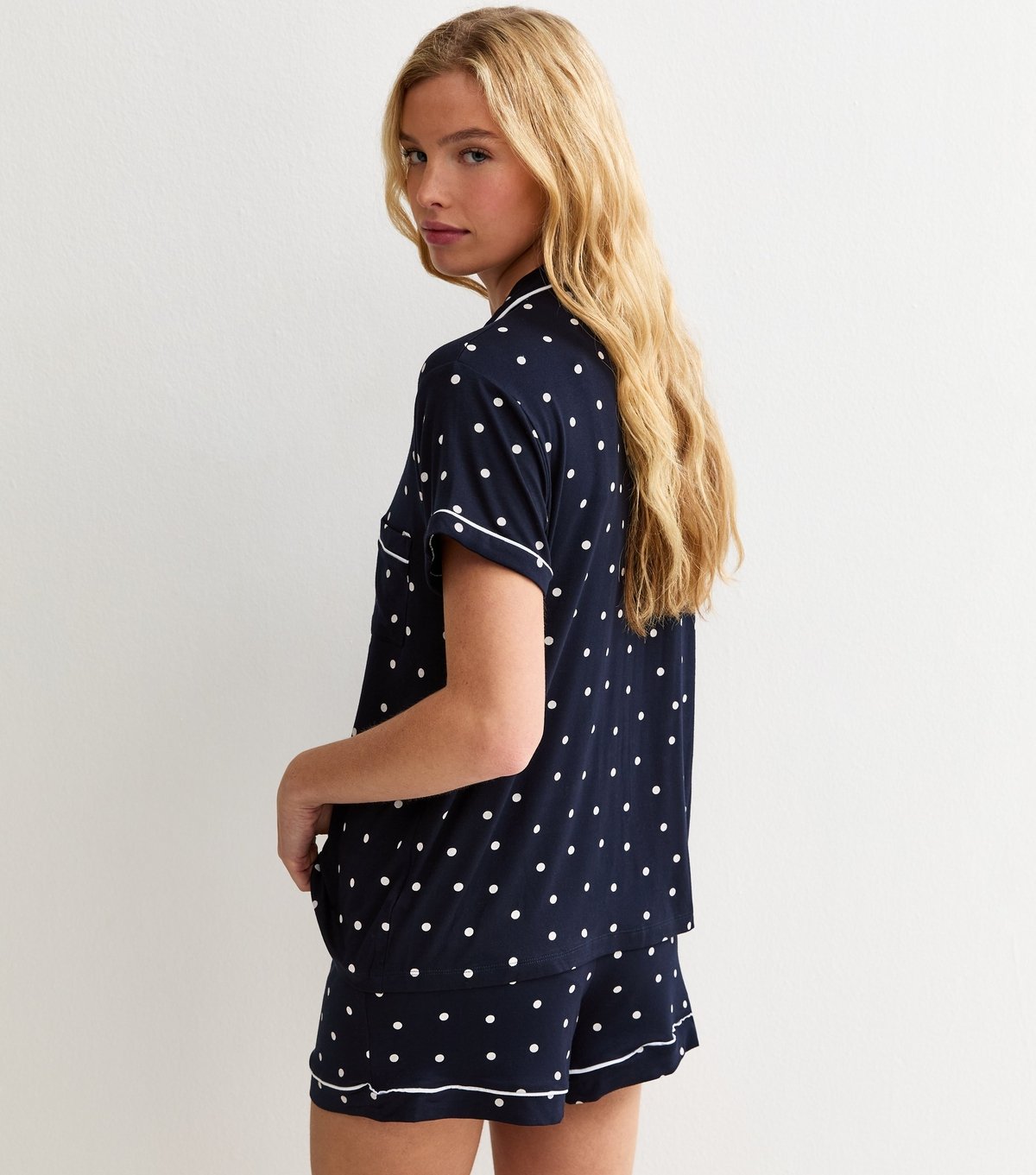 New Look Women's Navy Jersey Polka Dot Shirt and Shorts Pyjama Set New Look - 4