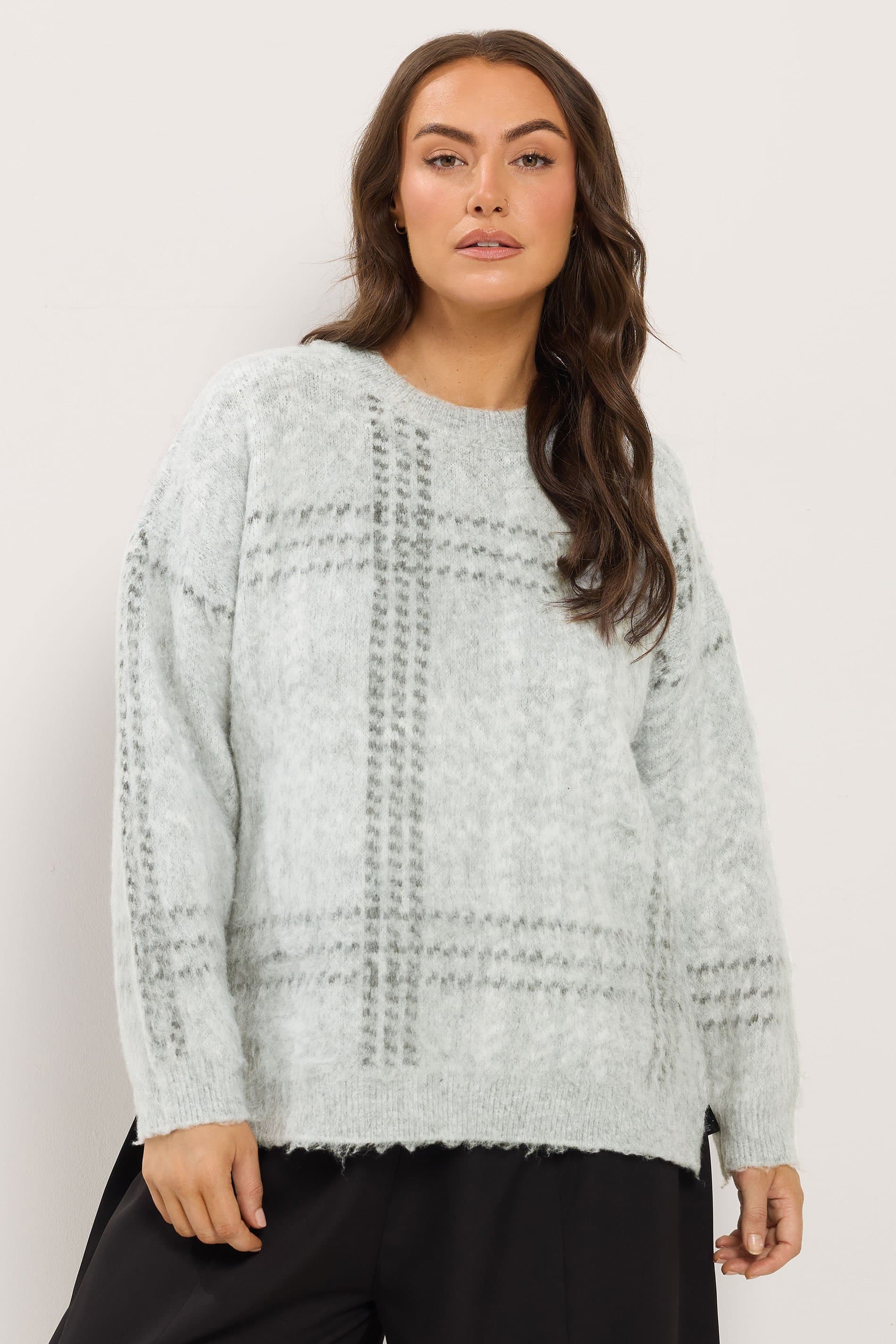 Yours Plus Size Grey Brushed Check Knitted Jumper