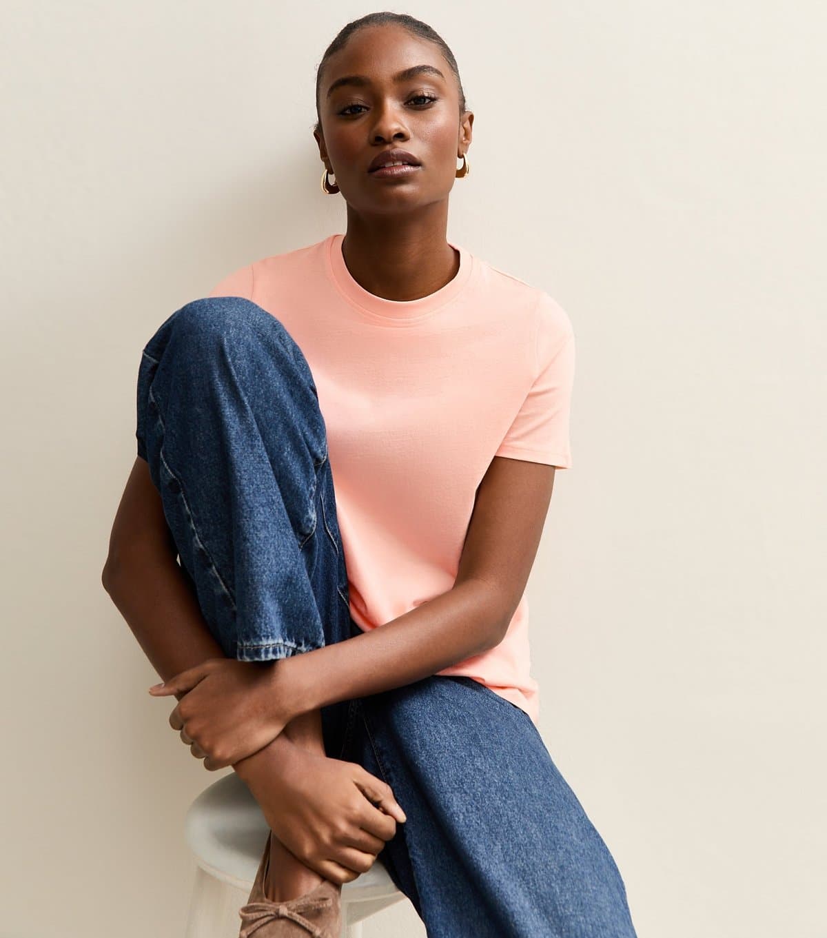 New Look Women's Light Coral Cotton Crew Neck T-Shirt New Look