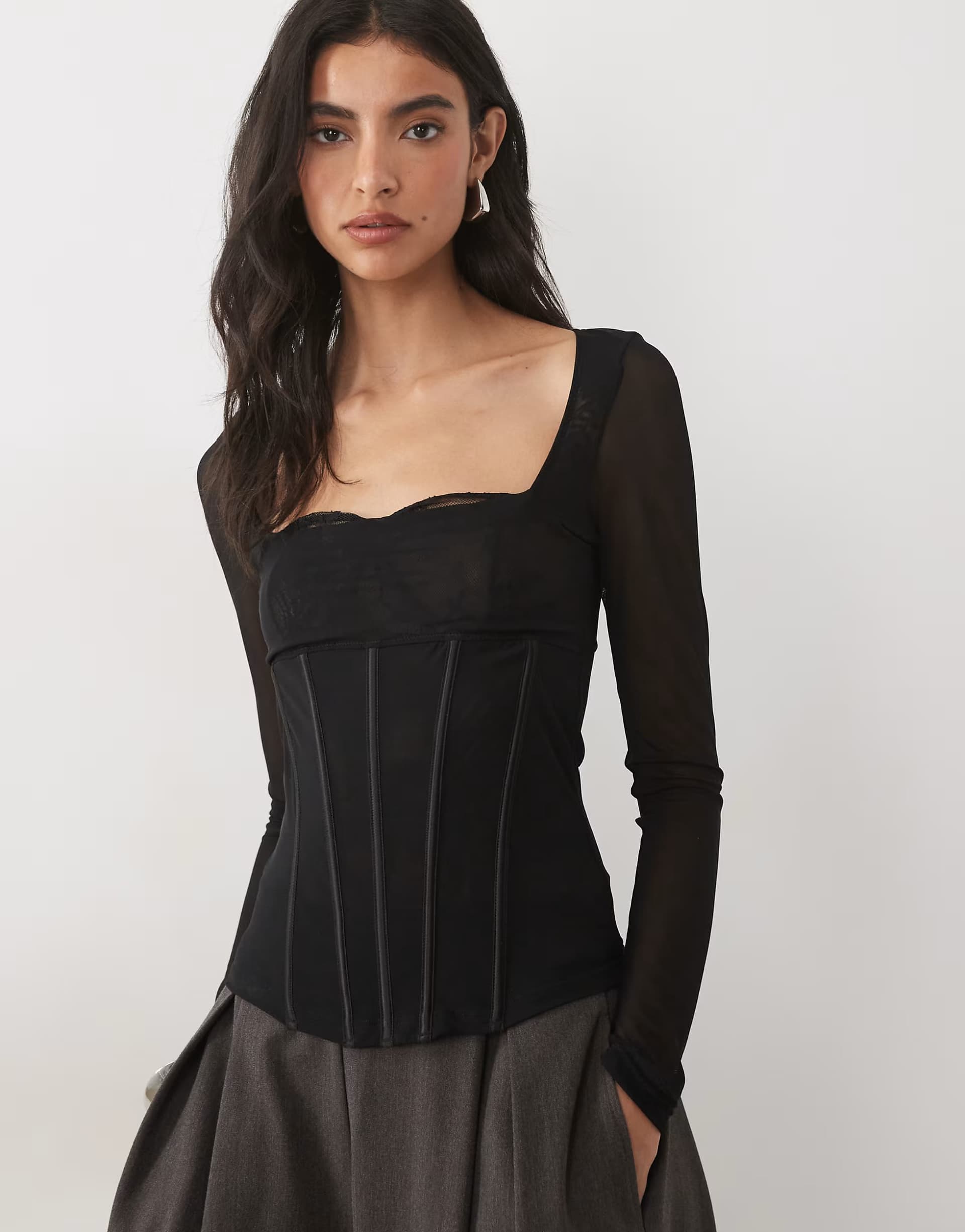 ASOS ASOS DESIGN long sleeve mesh corset top with boning in black